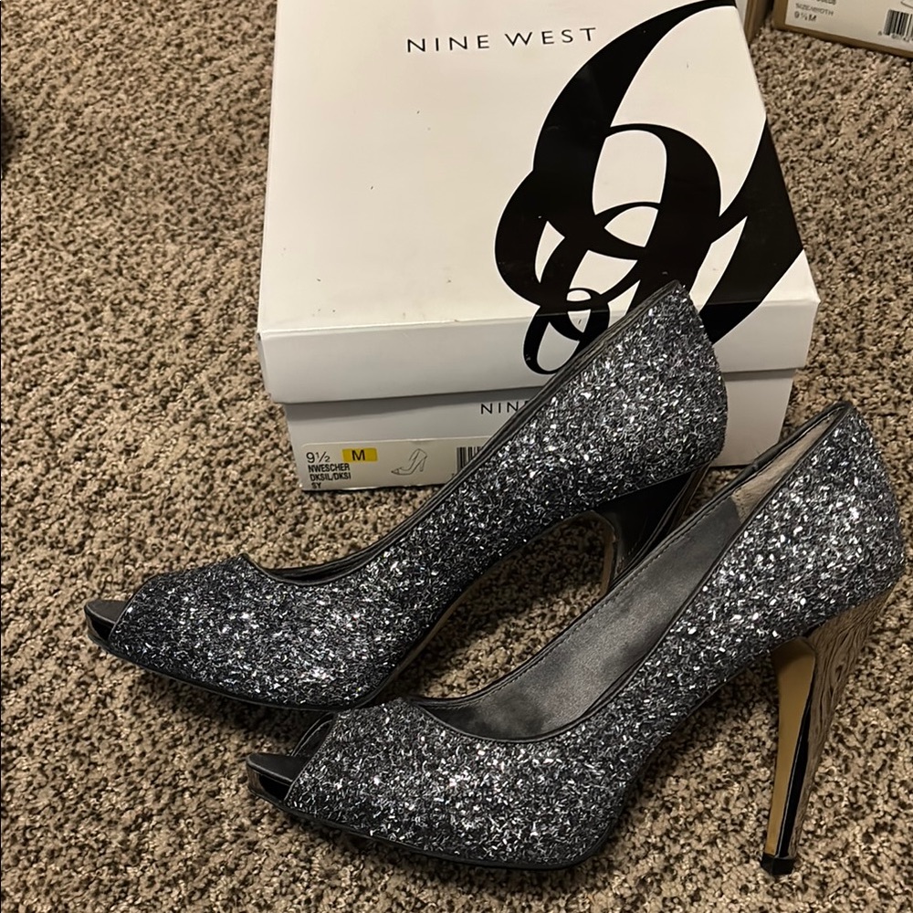 Nine West Silver Stiletto Heels Sparkle